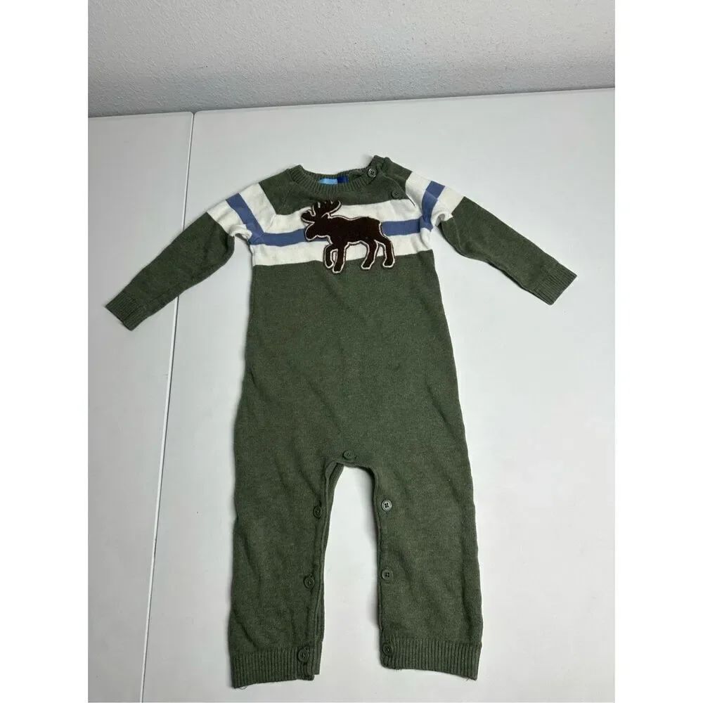 Cracker Barrel Exlusive Infant Moose Patch Knit Green Sweater Romper Size 18 M